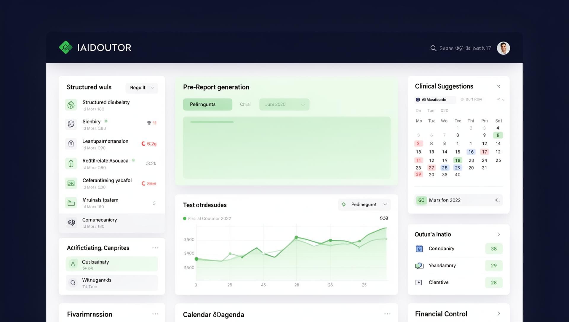 Dashboard IAIDOUTOR mostrando estruturação de resultados, pré-laudo, sugestões clínicas, agenda e controle financeiro